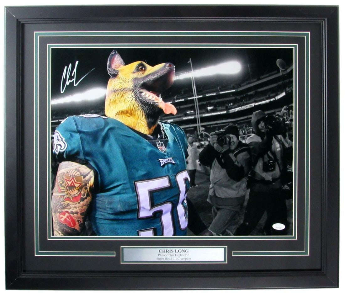 Chris Long Philadelphia Eagles Autographed Framed 16x20 Photo JSA Certified: Chris Long Philadelphia Eagles Autographed Framed 16x20 Photo JSA Certified This is a stunning 16x20 framed photograph of Chris Long, prominently featuring him in action as a member of the Philadelphi