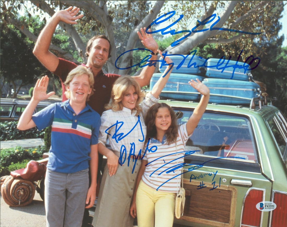 National Lampoon's Vacation Cast Signed 11x14 Photo Beckett Witnessed COA: National Lampoon's Vacation Cast Signed 11x14 Photo Beckett Witnessed COA This 11x14 photograph features autographs from Chevy Chase, Beverly D'Angelo, Anthony Michael Hall, and Dana Barron, stars of 