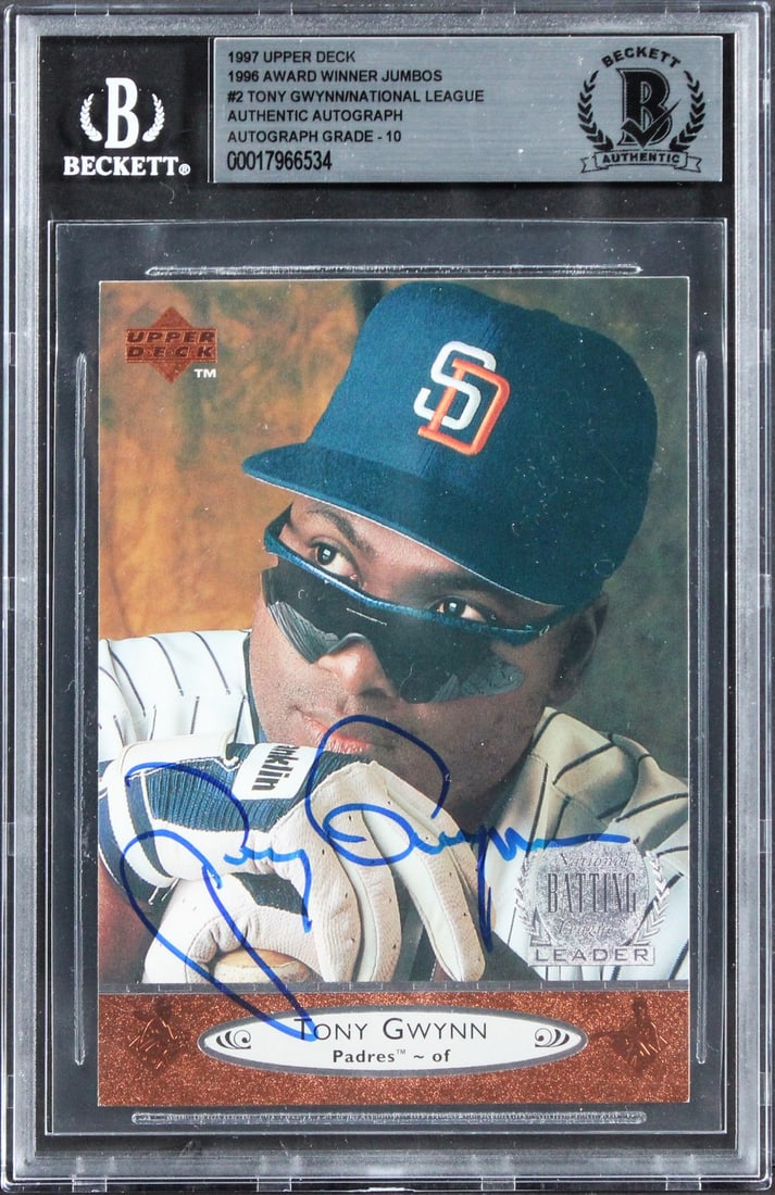 Beckett slabbed Tony Gwynn autographed 1997 Upper Deck AWJ 2 Padres card: Beckett slabbed Tony Gwynn autographed 1997 Upper Deck AWJ 2 Padres card Original 1997 Upper Deck 1996 Award Winner Jumbos #2 baseball card signed by Tony Gwynn of the San Diego Padres. The autograph 