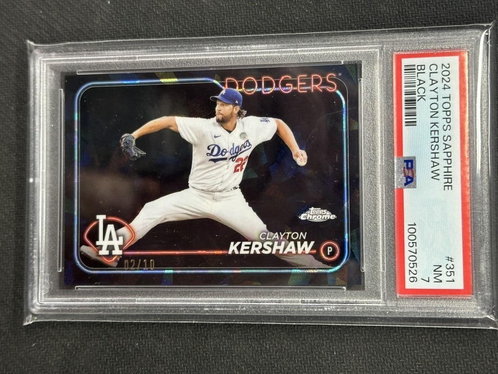 Clayton Kershaw 2024 Topps Chrome Black Refractor PSA 7 Dodgers Card #110: Clayton Kershaw 2024 Topps Chrome Black Refractor PSA 7 Dodgers Card #110 This is a Clayton Kershaw 2024 Topps Chrome Black Refractor baseball card, featuring the iconic Los Angeles Dodgers pitcher. T