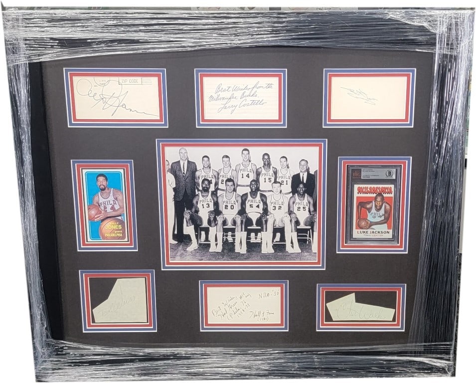 Philadelphia 76ers Autographed Cuts and Cards Custom Frame JSA: Philadelphia 76ers Autographed Cuts and Cards Custom Frame JSA Showcase your Philadelphia 76ers pride with this custom framed display featuring autograph cuts and cards from the legendary 1966-67 team