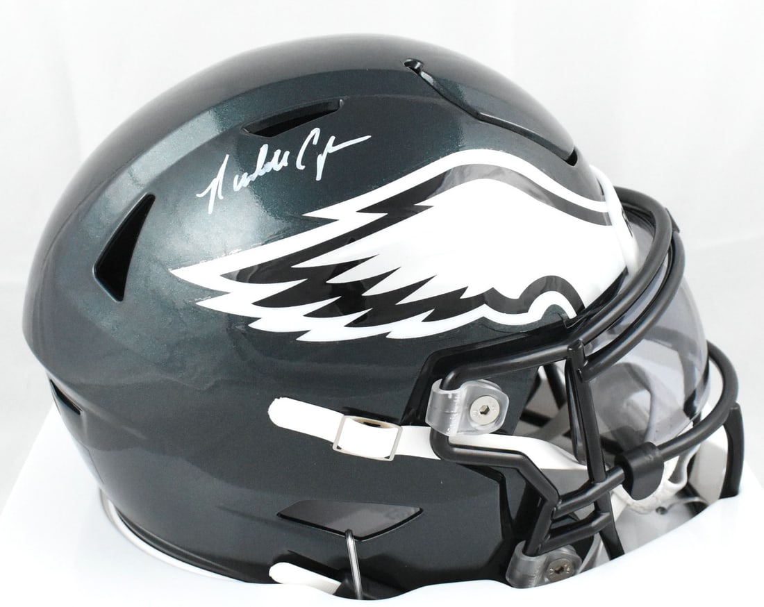 Philadelphia Eagles Randall Cunningham signed SpeedFlex helmet Beckett holo: Philadelphia Eagles Randall Cunningham signed SpeedFlex helmet Beckett holo This is a pre-owned Philadelphia Eagles mid-size SpeedFlex helmet autographed by Randall Cunningham. The helmet is an origin
