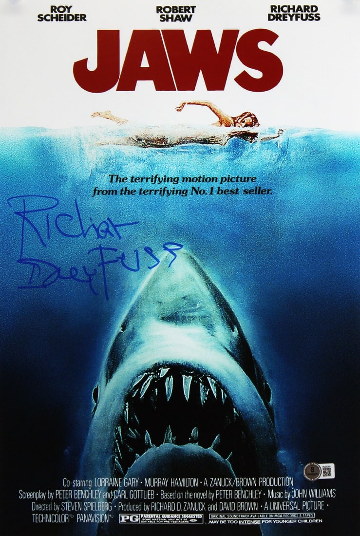 Richard Dreyfuss Signed Jaws Mini Movie Poster 12x18 BAS Authenticated: Richard Dreyfuss Signed Jaws Mini Movie Poster 12x18 BAS Authenticated This original mini movie poster measures 12x18 inches and features the autograph of Richard Dreyfuss, renowned for his role in th