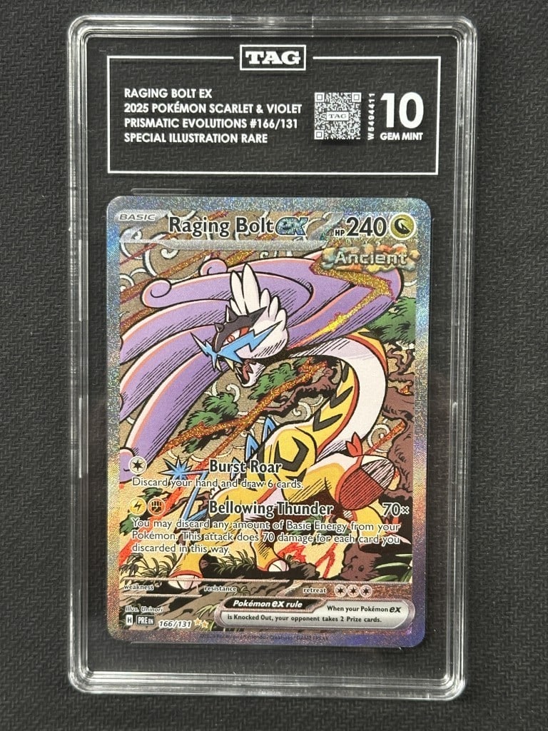 TAG 10 Raging Bolt EX Prismatic Evolutions Card 166: TAG 10 Raging Bolt EX Prismatic Evolutions Card 166 This is a Raging Bolt EX Prismatic Evolutions Special Illustration Rare card, card number 166. The card has been professionally graded by Technical 