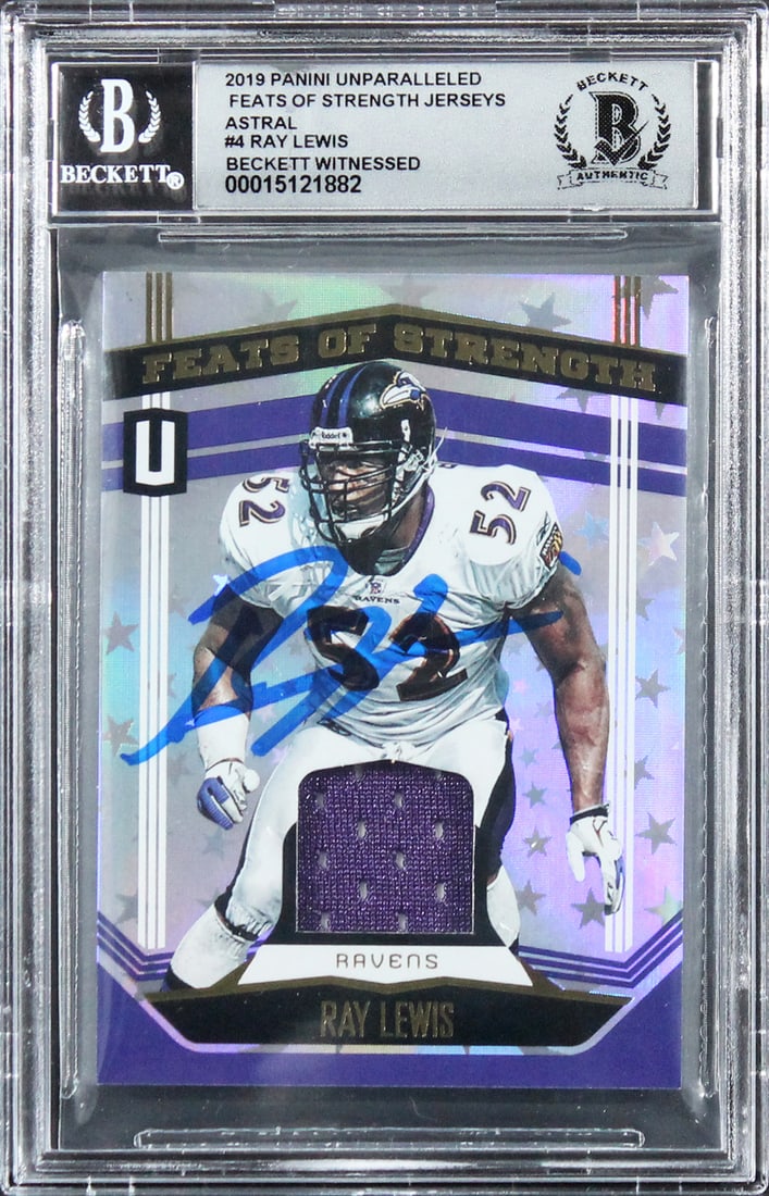 Ray Lewis Autographed 2019 Panini Astral #4 109/150 Gem Mint 10 Card BAS Slabbed: Ray Lewis Autographed 2019 Panini Astral #4 109/150 Gem Mint 10 Card BAS Slabbed This stunning 2019 Panini Unparalleled Feats Of Strength Jerseys Astral #4 card features an autograph from NFL legend R