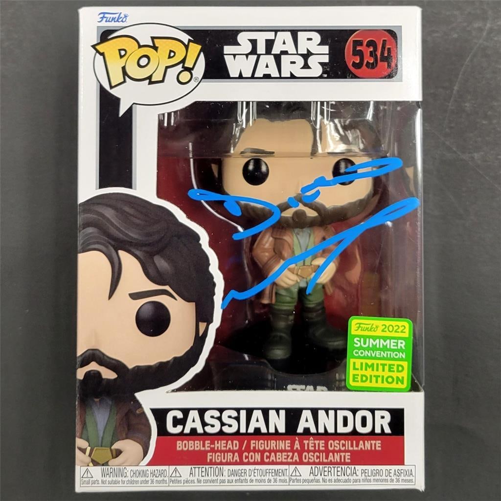 Diego Luna Autographed Cassian Andor Funko Pop! Star Wars Beckett Authenticated: Diego Luna Autographed Cassian Andor Funko Pop! Star Wars Beckett Authenticated This is an original Funko Pop! figure of Cassian Andor from the Star Wars series, signed by Diego Luna. The autograph ha