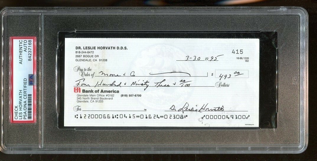 Les Horvath Autographed Bank Check Ohio State Heisman PSA/DNA: Les Horvath Autographed Bank Check Ohio State Heisman PSA/DNA This is an authentic signed bank check by Les Horvath, a distinguished football player and Heisman Trophy winner from Ohio State. The chec
