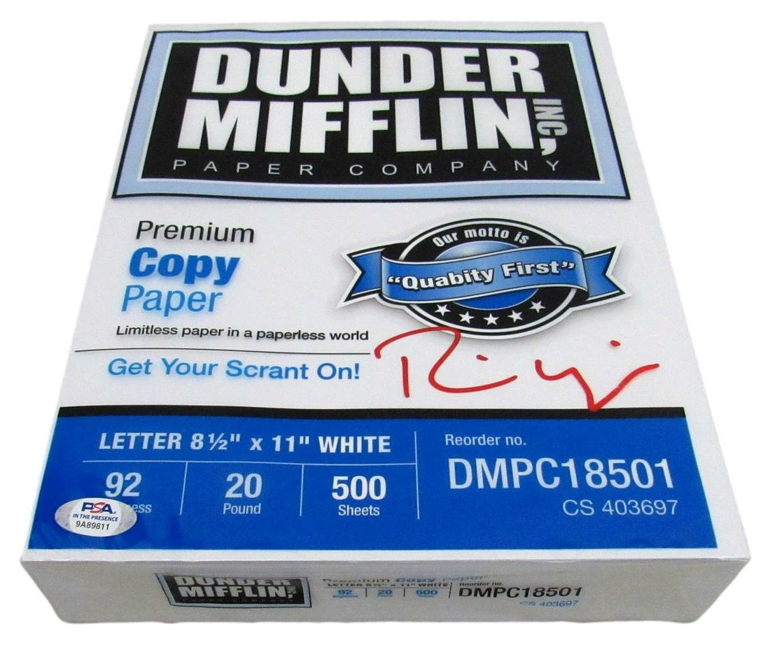 Rainn Wilson Signed Dunder Mifflin Copy Paper PSA/DNA Authenticated: Rainn Wilson Signed Dunder Mifflin Copy Paper PSA/DNA Authenticated Offered is an autographed ream of Dunder Mifflin copy paper signed by Rainn Wilson, known for his role in "The Office." This item is