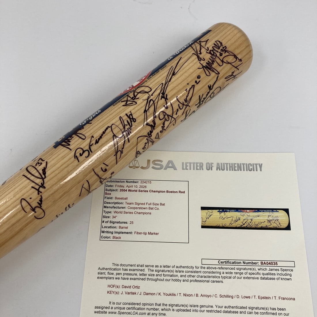 Boston Red Sox Curse is Broken 34 Bat JSA COA Signed by 25: Boston Red Sox Curse is Broken 34 Bat JSA COA Signed by 25 This limited edition Cooperstown Bat Co. Boston Red Sox bat commemorates the team's 2004 World Series victory, featuring the "Curse is Broken