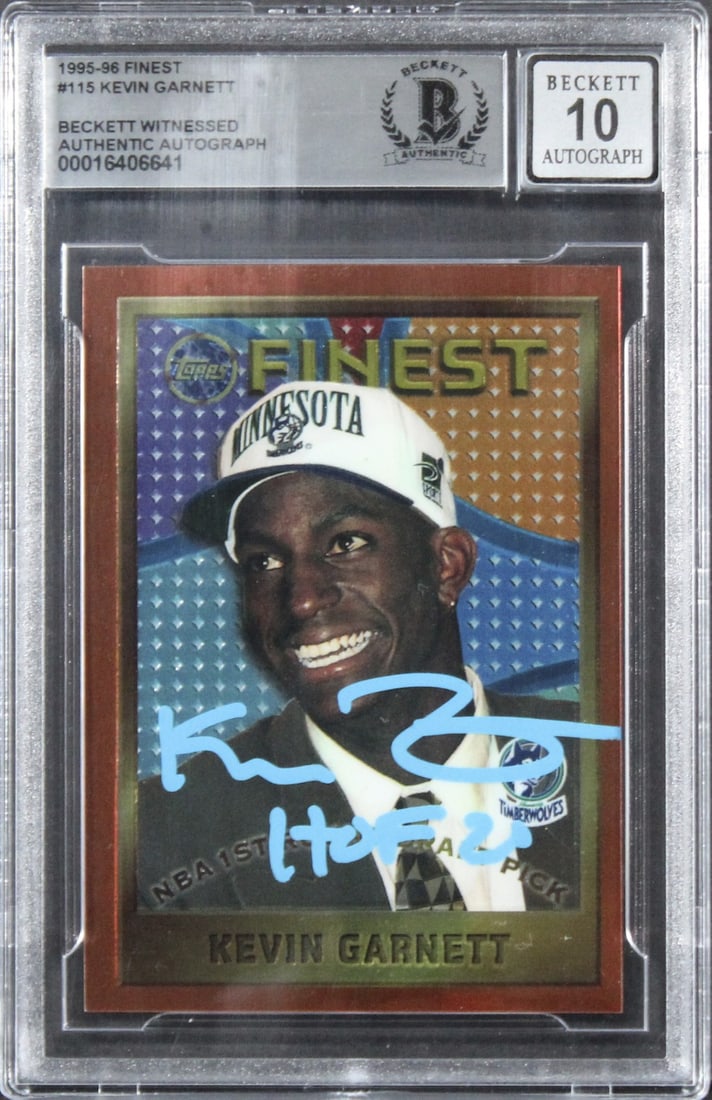 Kevin Garnett 1995 Finest Rookie Card Signed HOF 20 BAS Gem Mint 10 Slabbed: Kevin Garnett 1995 Finest Rookie Card Signed HOF 20 BAS Gem Mint 10 Slabbed This is a 1995 Finest #115 rookie card autographed by Kevin Garnett of the Minnesota Timberwolves, featuring the inscription