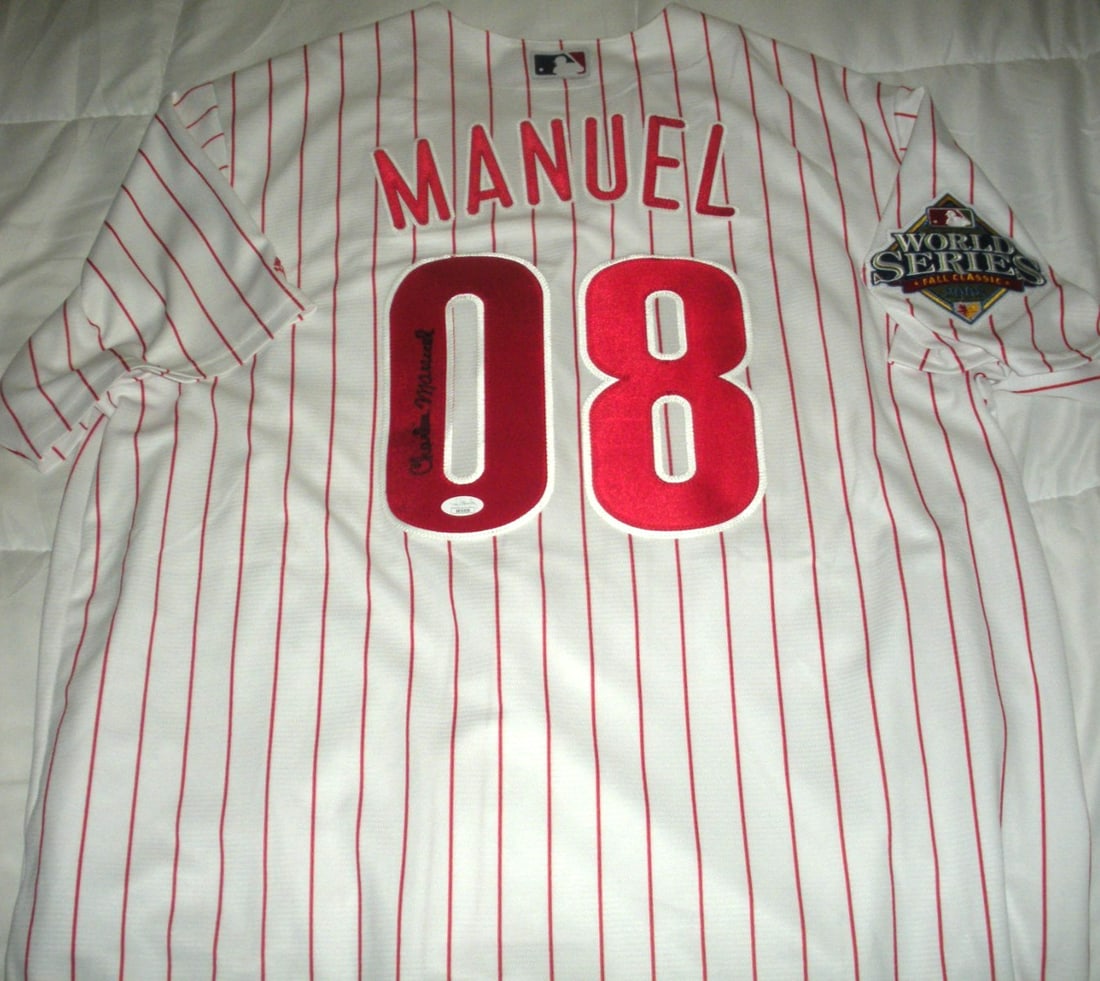 Signed Majestic Phillies jersey Charlie Manuel JSA COA: Signed Majestic Phillies jersey Charlie Manuel JSA COA This is an official licensed Majestic Philadelphia Phillies jersey signed by Charlie Manuel. The jersey is authenticated by JSA/COA and is a pre-