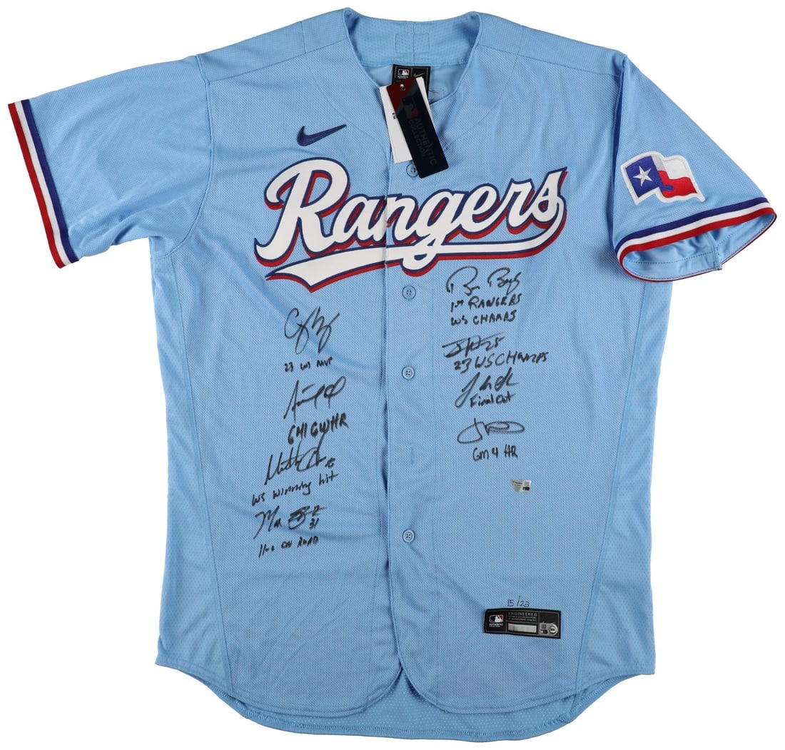 2023 Texas Rangers Signed Nike Jersey 15/23 Fanatics Authentic: 2023 Texas Rangers Signed Nike Jersey 15/23 Fanatics Authentic Celebrate the remarkable achievement of the Texas Rangers with this officially licensed 2023 World Series Champions team-signed Nike jers