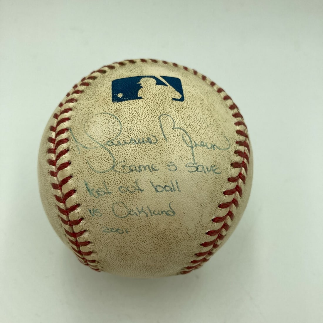 Mariano Rivera Signed Game Used Baseball 2001 ALDS Last Out JSA COA: Mariano Rivera Signed Game Used Baseball 2001 ALDS Last Out JSA COA This unique game-used baseball commemorates Mariano Rivera's final out save during the 2001 ALDS Game 5 against the Oakland Athletic