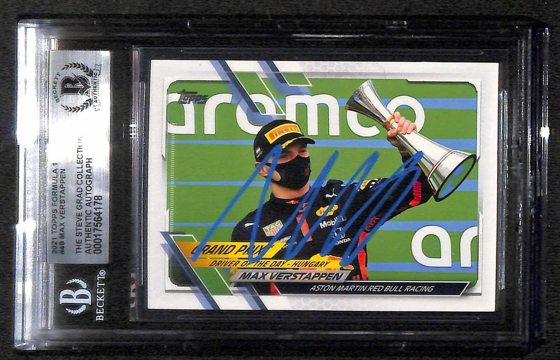 Max Verstappen Signed 2021 Topps F1 Card Beckett Authenticated: Max Verstappen Signed 2021 Topps F1 Card Beckett Authenticated This is an authentic 2021 Topps Formula 1 #40 sports trading card, signed by Max Verstappen, the renowned Red Bull F1 driver. The autogra