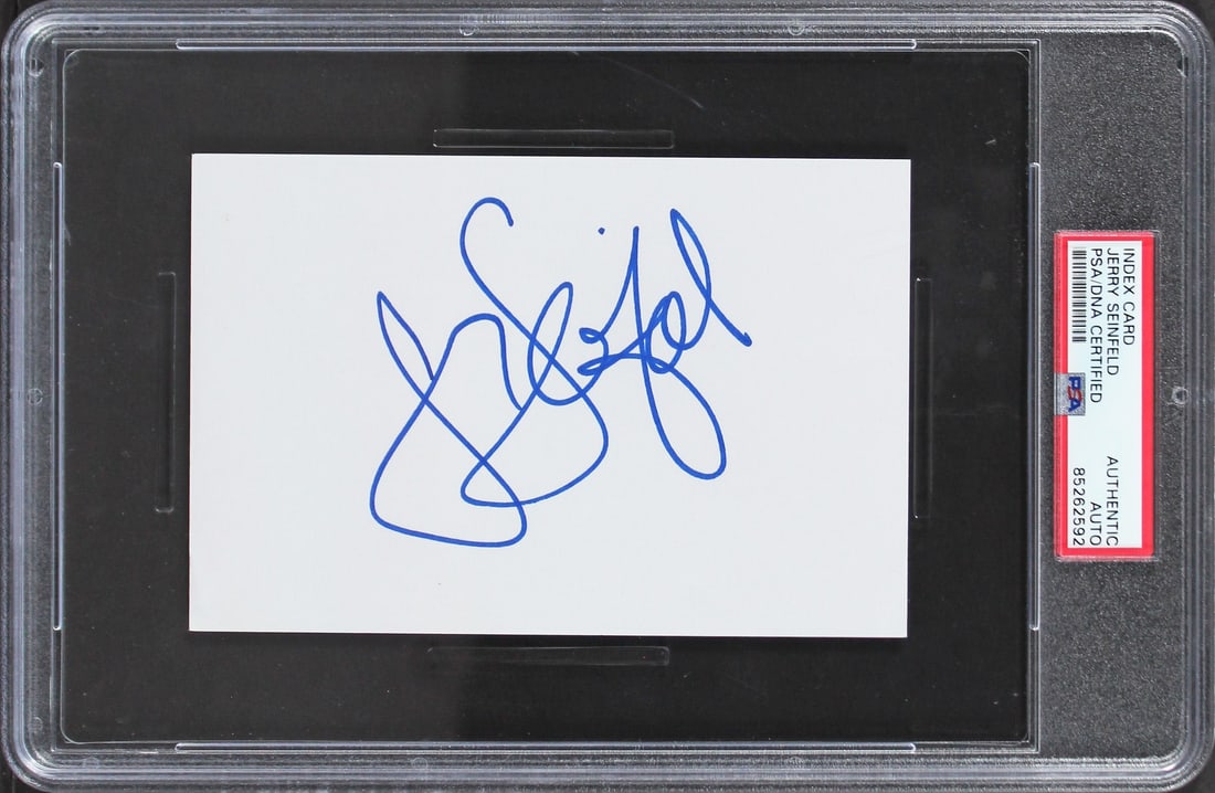 Jerry Seinfeld Signed 4x6 Index Card PSA/DNA Authenticated: Jerry Seinfeld Signed 4x6 Index Card PSA/DNA Authenticated This authentic autographed 4x6 index card features the signature of Jerry Seinfeld, a renowned comedian and actor. The item has been professi