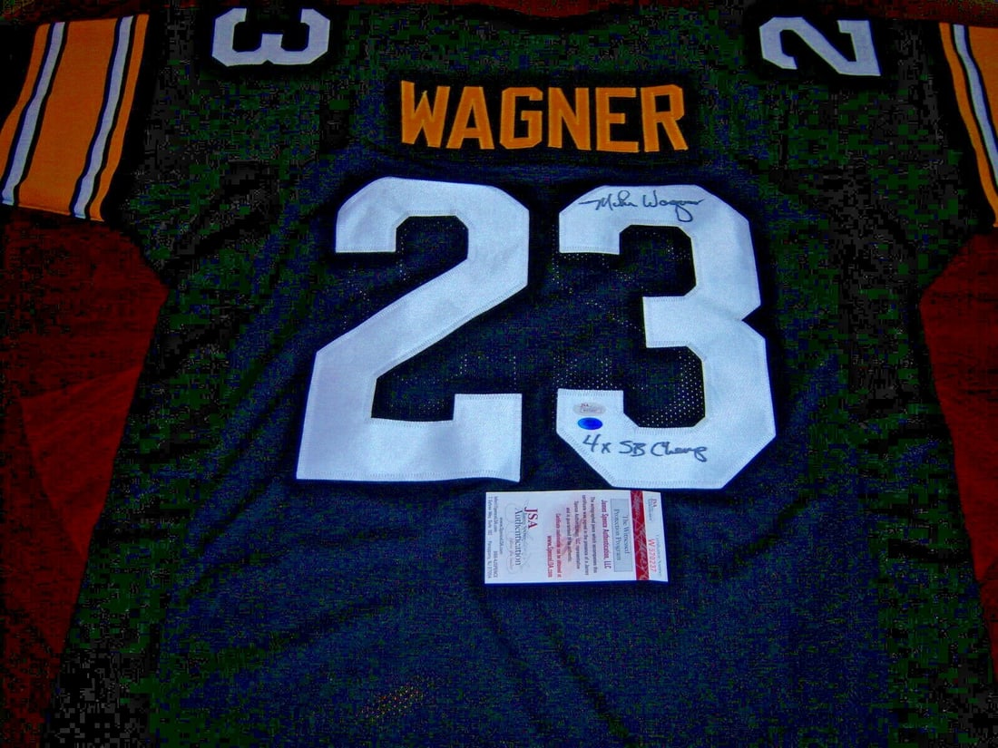 Signed Pittsburgh Steelers Jersey Autographed by Mike Wagner JSA COA: Signed Pittsburgh Steelers Jersey Autographed by Mike Wagner JSA COA This is a pre-owned Pittsburgh Steelers jersey signed by Mike Wagner, a four-time Super Bowl champion. The jersey is an original co