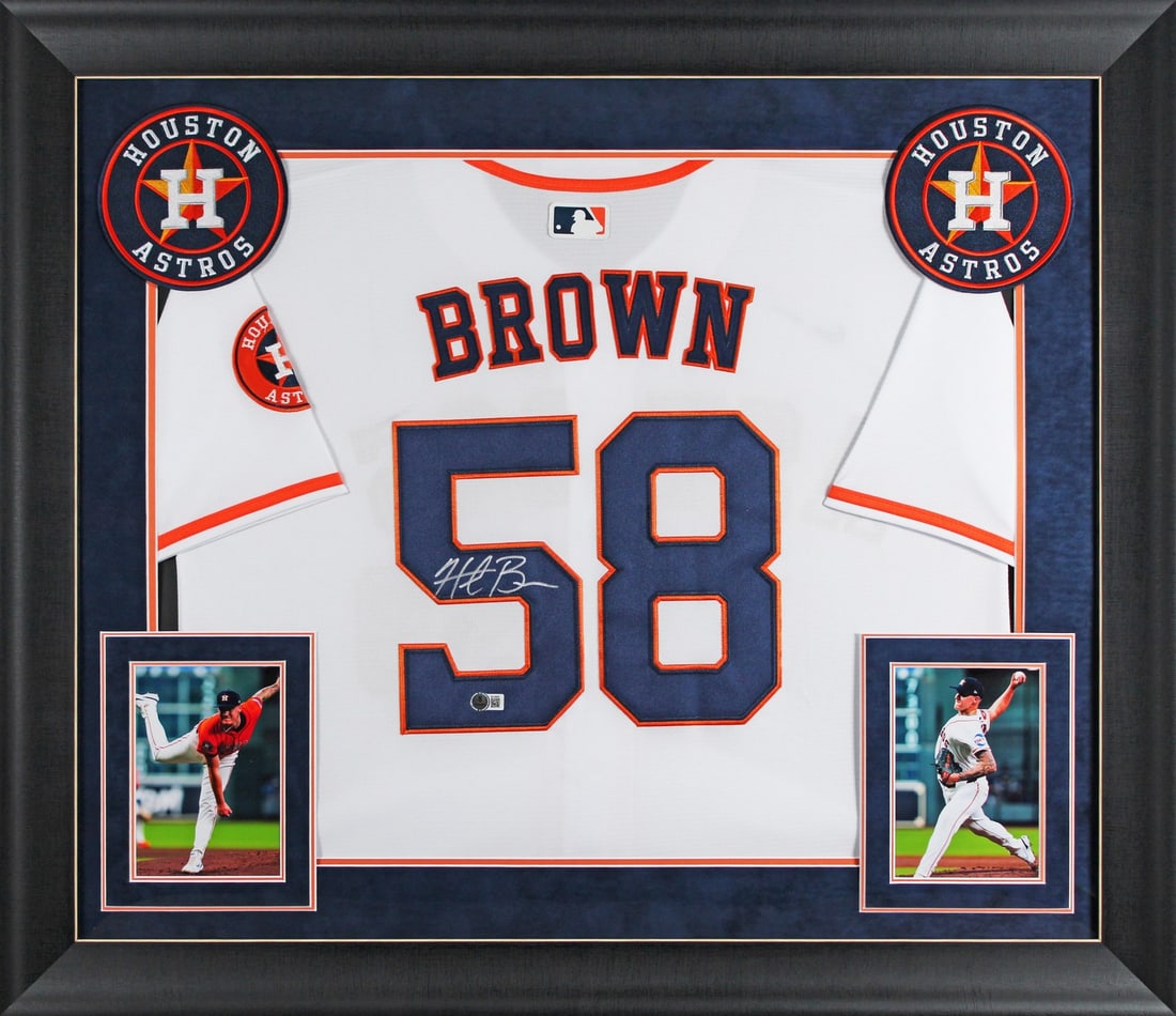 Framed White Nike Jersey Signed by Hunter Brown Houston Astros BAS: Framed White Nike Jersey Signed by Hunter Brown Houston Astros BAS Autographed white Nike framed jersey personally signed by Hunter Brown of the Houston Astros. It is an original item with Beckett Aut