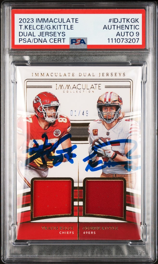 Travis Kelce George Kittle Signed 2023 IDJTKGK Card Auto 9 PSA Authentic: Travis Kelce George Kittle Signed 2023 IDJTKGK Card Auto 9 PSA Authentic This collectible features a 2023 Panini Immaculate Dual Jerseys card, numbered #IDJTKGK #01/49, personally signed by NFL stars 