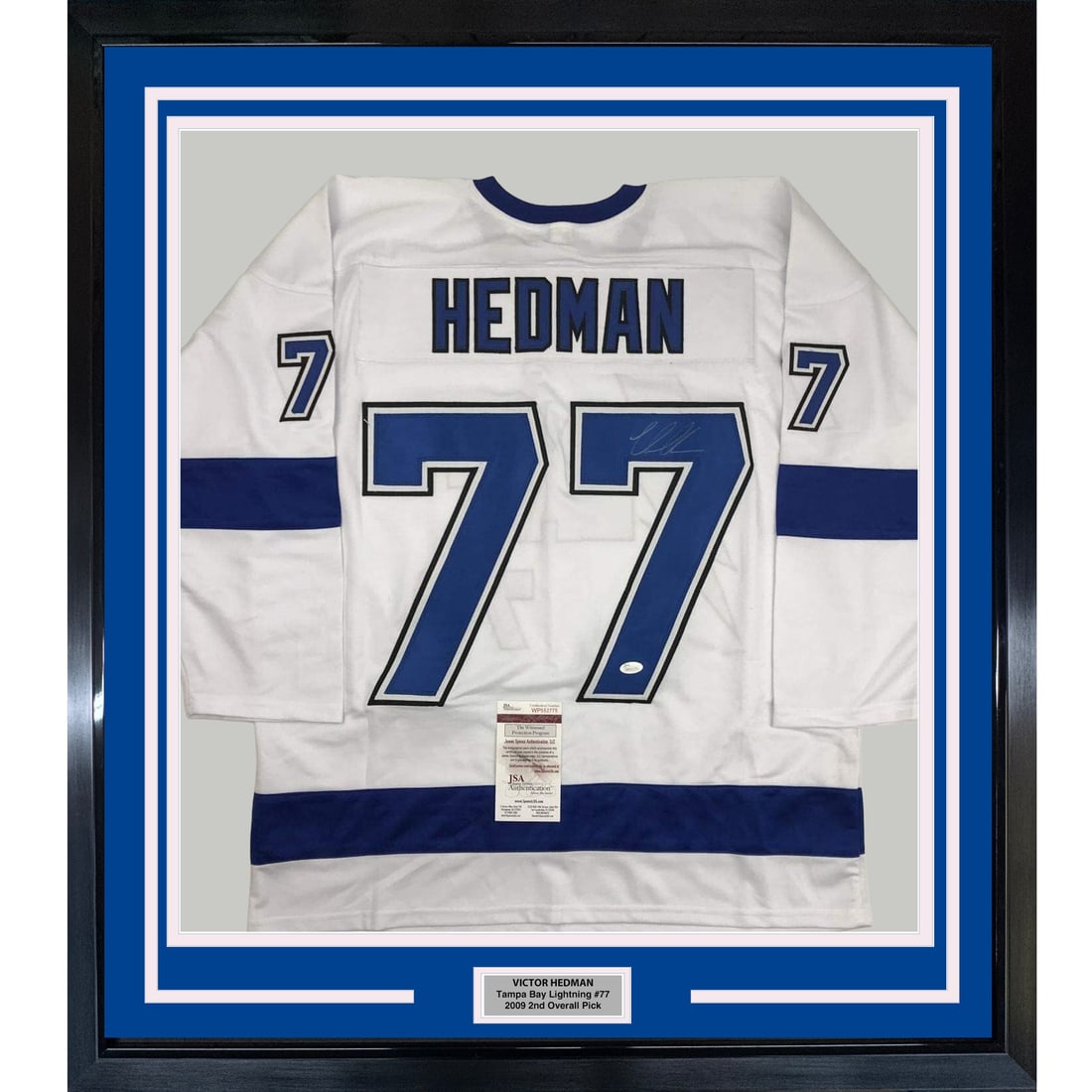 Framed Autographed Victor Hedman Jersey 33x42 Tampa Bay Lightning JSA COA: Framed Autographed Victor Hedman Jersey 33x42 Tampa Bay Lightning JSA COA Celebrate the legacy of Victor Hedman with this professionally framed and autographed Tampa Bay Lightning jersey. The jersey, 