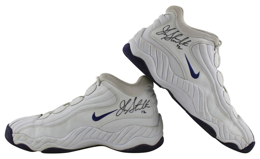 John Stockton Signed Game Used Nike Size 12.5 Shoes BAS #AA03719 Utah Jazz: John Stockton Signed Game Used Nike Size 12.5 Shoes BAS #AA03719 Utah Jazz Own a piece of NBA history with these authentic game-used Nike shoes, size 12.5, personally signed by legendary Utah Jazz pla