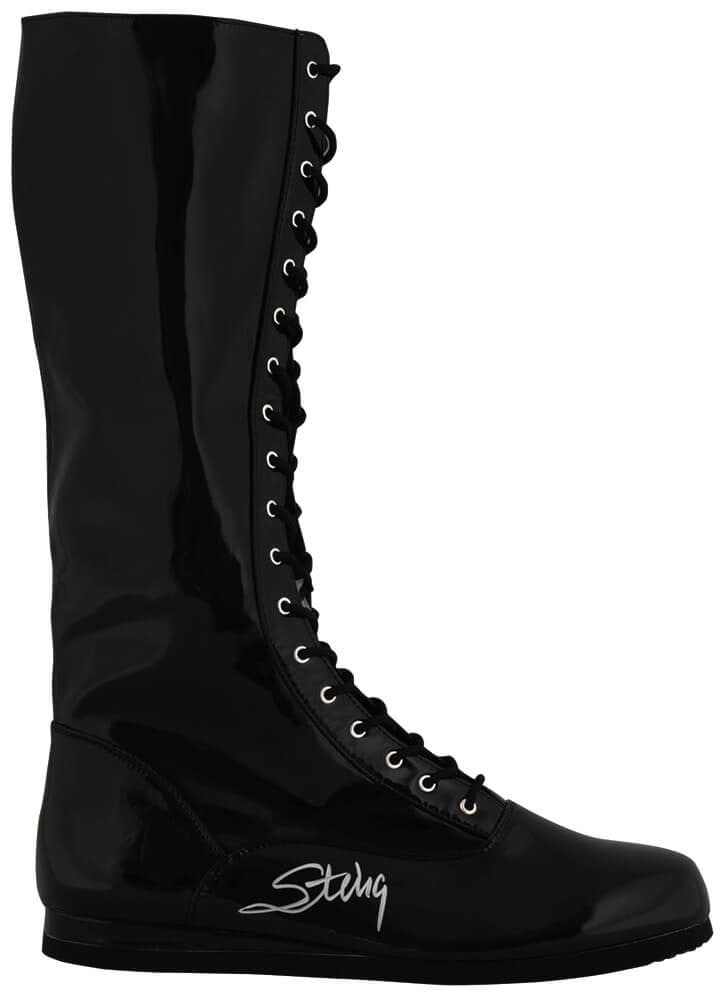 Sting Signed Wrestling Boot with COA: Sting Signed Wrestling Boot with COA This is a black wrestling costume boot signed by Sting, a prominent figure in the wrestling sport. The item is authenticated with a tamper-proof numbered hologram 