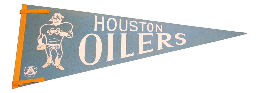 1960s Houston Oilers AFL 29 Inch Vintage Football Pennant: 1960s Houston Oilers AFL 29 Inch Vintage Football Pennant This vintage 1960s Houston Oilers pennant is an original piece officially licensed by the NFL. Measuring 29 inches in length, it features the 