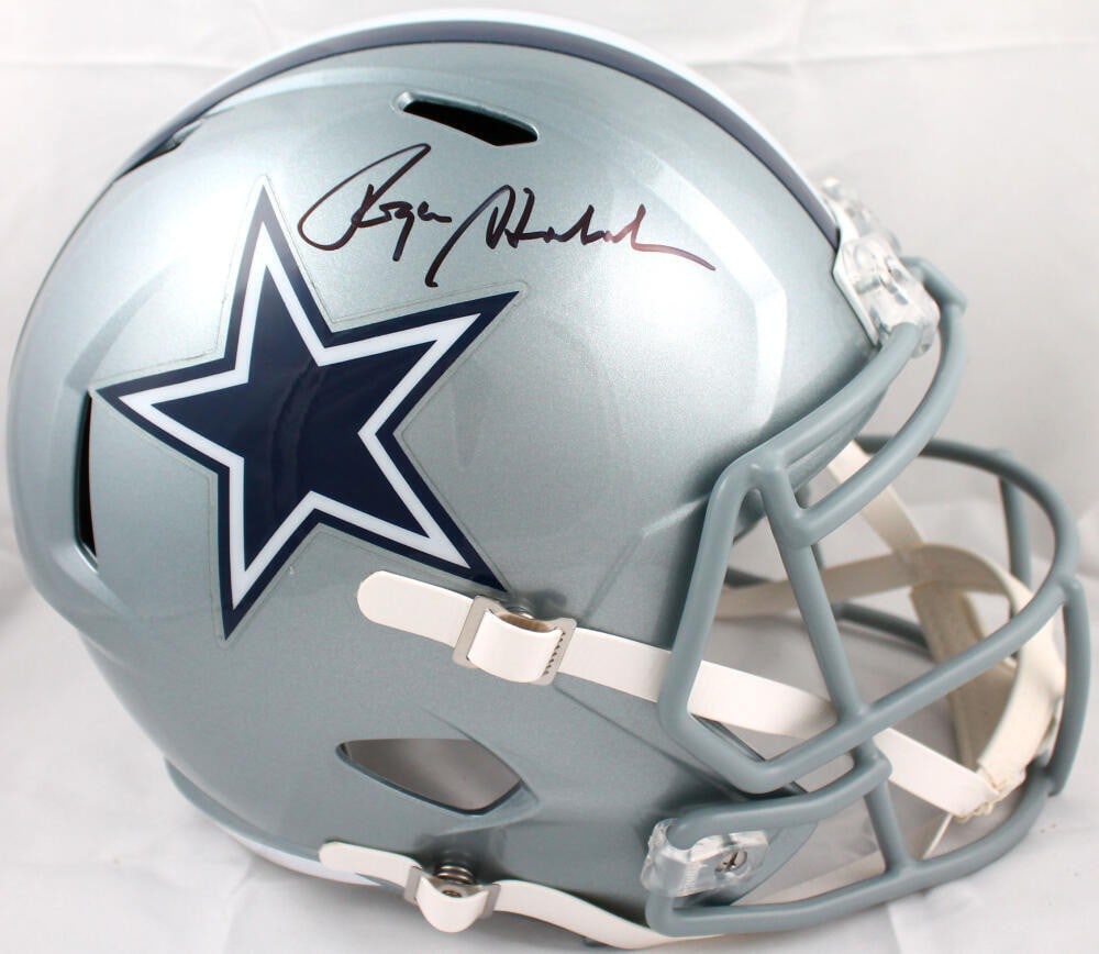 Dallas Cowboys Roger Staubach signed full size speed helmet Beckett hologram: Dallas Cowboys Roger Staubach signed full size speed helmet Beckett hologram This Dallas Cowboys full-size Speed helmet features the authentic signature of Roger Staubach. The autograph is authenticat