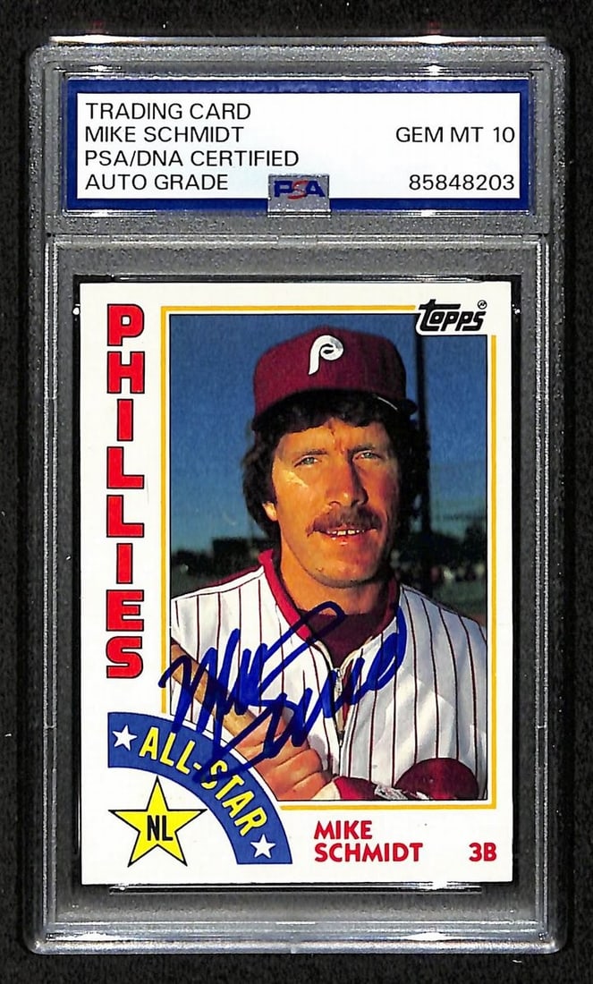 PSA DNA GEM 10 Autographed 1984 Topps 388 Mike Schmidt Phillies HOF Card: PSA DNA GEM 10 Autographed 1984 Topps 388 Mike Schmidt Phillies HOF Card Original Mike Schmidt 1984 Topps Card #388 featuring a signed autograph and PSA/DNA Auto GEM 10 designation. This baseball coll