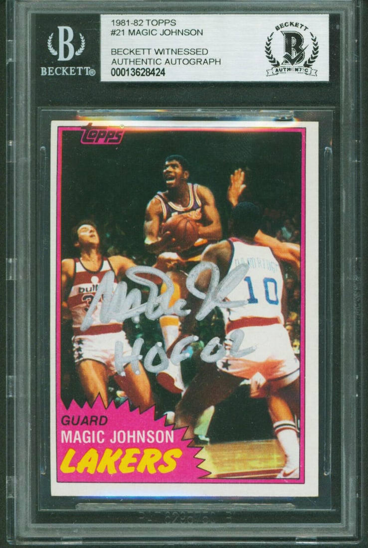 Magic Johnson Signed 1981 Topps 21 Card With HOF 02 Inscription Beckett Authenticated: Magic Johnson Signed 1981 Topps 21 Card With HOF 02 Inscription Beckett Authenticated This is a 1981 Topps #21 basketball card featuring Magic Johnson of the Los Angeles Lakers, personally signed by M