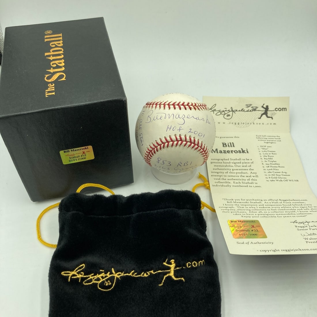 Bill Mazeroski Signed Inscribed Career Stats Baseball #1/1000 with Reggie Jackson COA: Bill Mazeroski Signed Inscribed Career Stats Baseball #1/1000 with Reggie Jackson COA This is an original Bill Mazeroski signed baseball featuring heavy inscriptions of his career statistics. This off