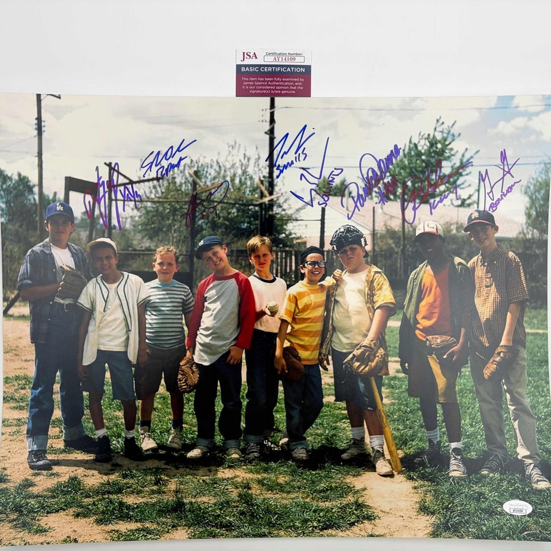 The Sandlot Cast Signed 16x20 Photograph Eight Autographs JSA Certified: The Sandlot Cast Signed 16x20 Photograph Eight Autographs JSA Certified This 16x20 photo from The Sandlot movie is hand-signed by eight cast members. Each signature includes the actor's character name