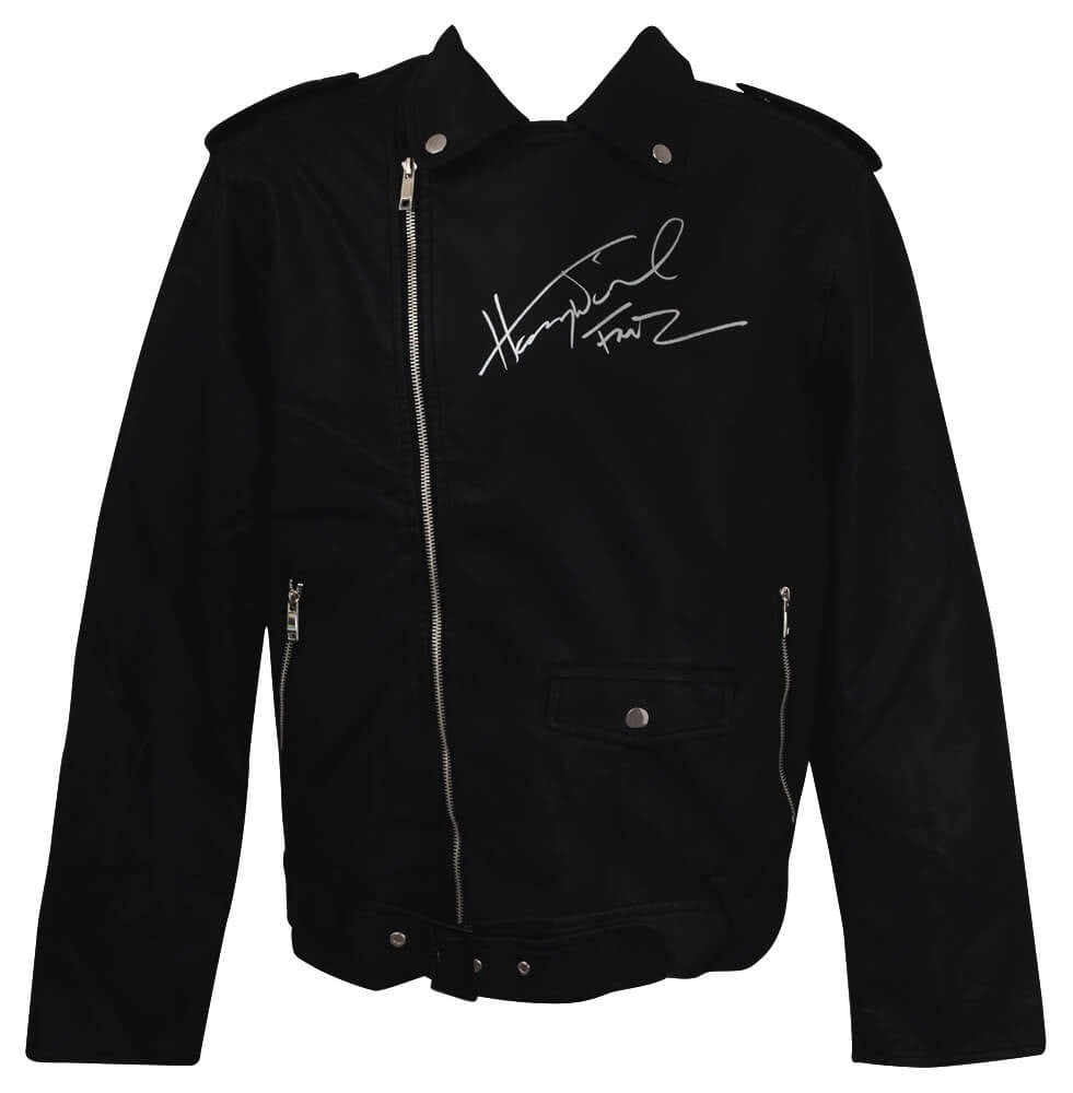 Henry Winkler Signed WULFUL Faux Leather Biker Jacket with Fonz Inscription: Henry Winkler Signed WULFUL Faux Leather Biker Jacket with Fonz Inscription This is an authentic Henry Winkler signed WULFUL men's faux leather biker jacket featuring the inscription 'Fonz'. The jacke