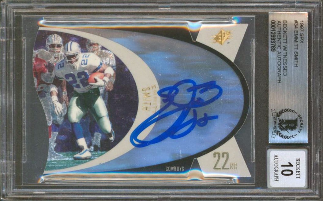 Emmitt Smith Signed 1997 SPX #34 Card Gem Mint 10 BAS Slabbed Dallas Cowboys: Emmitt Smith Signed 1997 SPX #34 Card Gem Mint 10 BAS Slabbed Dallas Cowboys This authentic 1997 SPX #34 card has been personally signed by Emmitt Smith, the legendary player of the Dallas Cowboys. Gr