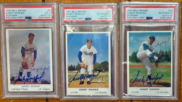 Lot of 3 Hand Signed Bell Brand Sandy Koufax Cards PSA Graded (1 of 2)