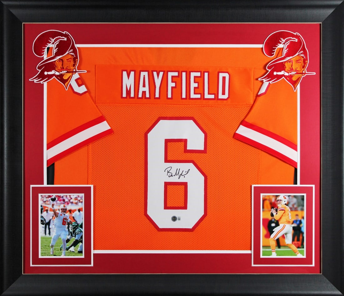 Framed Baker Mayfield Autographed Orange Throwback Jersey Beckett Witnessed (1 of 2)