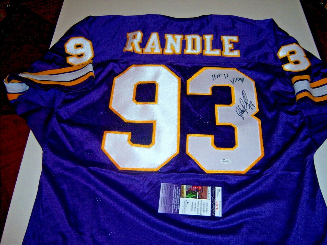 John Randle Autographed Minnesota Vikings Football Jersey JSA COA: John Randle Autographed Minnesota Vikings Football Jersey JSA COA This is a pre-owned Minnesota Vikings jersey signed by John Randle, featuring Hall of Fame and Texas A&M Kingsville inscriptions. The 