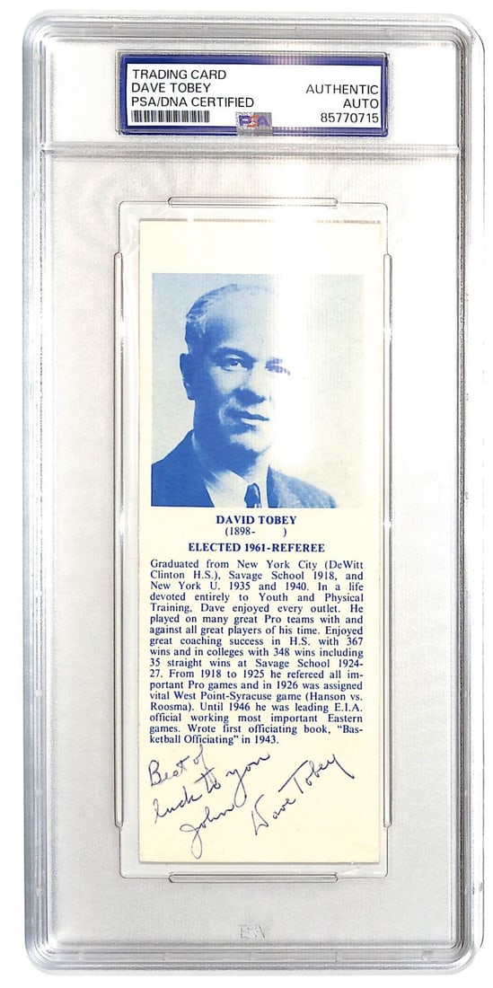 Autographed Dave Tobey Basketball Hall of Fame Bookmark with PSA Authentication: Autographed Dave Tobey Basketball Hall of Fame Bookmark with PSA Authentication This is an original 1968-74 Basketball Hall of Fame bookmark signed by Dave Tobey, a notable basketball referee. The aut