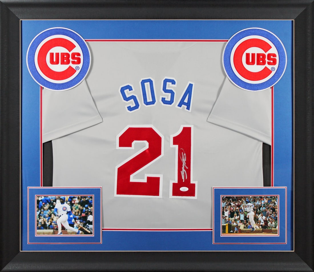 Sammy Sosa Signed Grey Pro Style Framed Jersey Chicago Cubs JSA COA: Sammy Sosa Signed Grey Pro Style Framed Jersey Chicago Cubs JSA COA This authentic grey pro style framed jersey has been personally signed by Sammy Sosa, the legendary player of the Chicago Cubs. The 