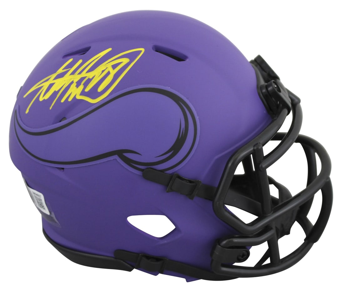 Beckett Witnessed Adrian Peterson Signed Vikings Rave Speed Mini Helmet: Beckett Witnessed Adrian Peterson Signed Vikings Rave Speed Mini Helmet Authentic signed Rave Speed mini helmet featuring Adrian Peterson and the Minnesota Vikings. This original autographed item is B