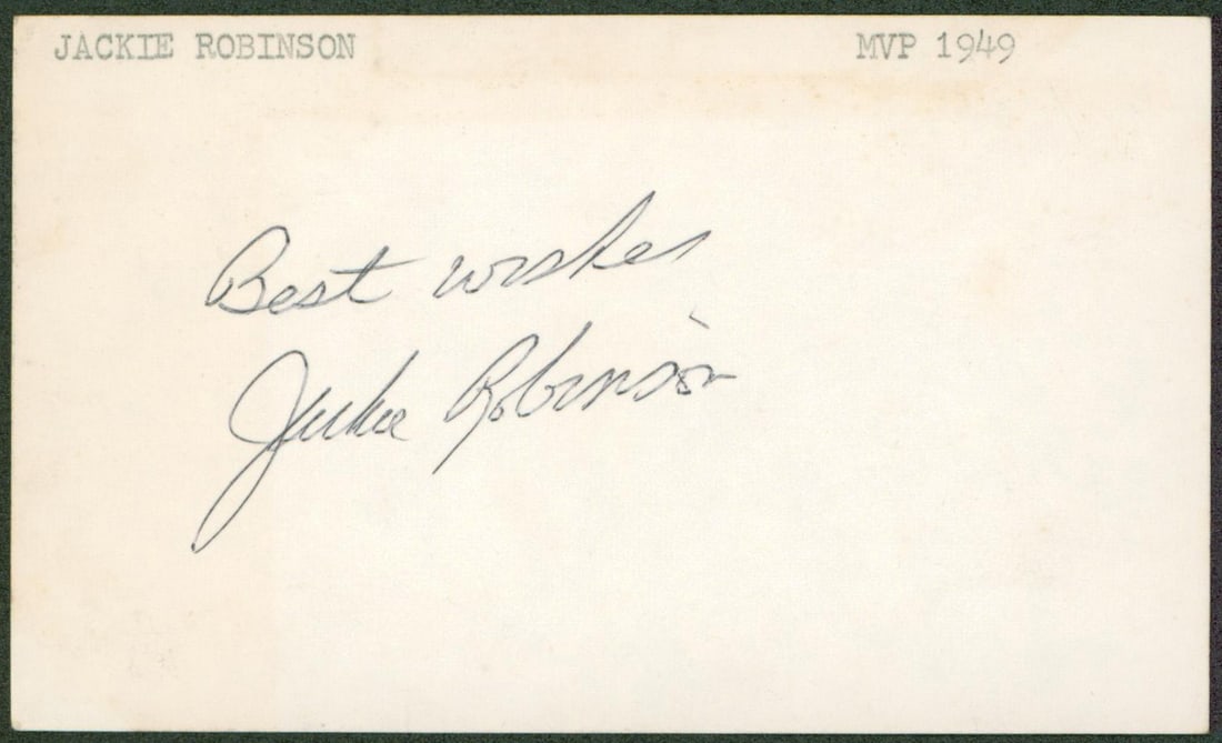 Jackie Robinson Signed 3x5 Index Card Best Wishes JSA Certified Dodgers: Jackie Robinson Signed 3x5 Index Card Best Wishes JSA Certified Dodgers This authentic 3x5 index card features the legendary Jackie Robinson's autograph, along with the heartfelt inscription "Best Wis