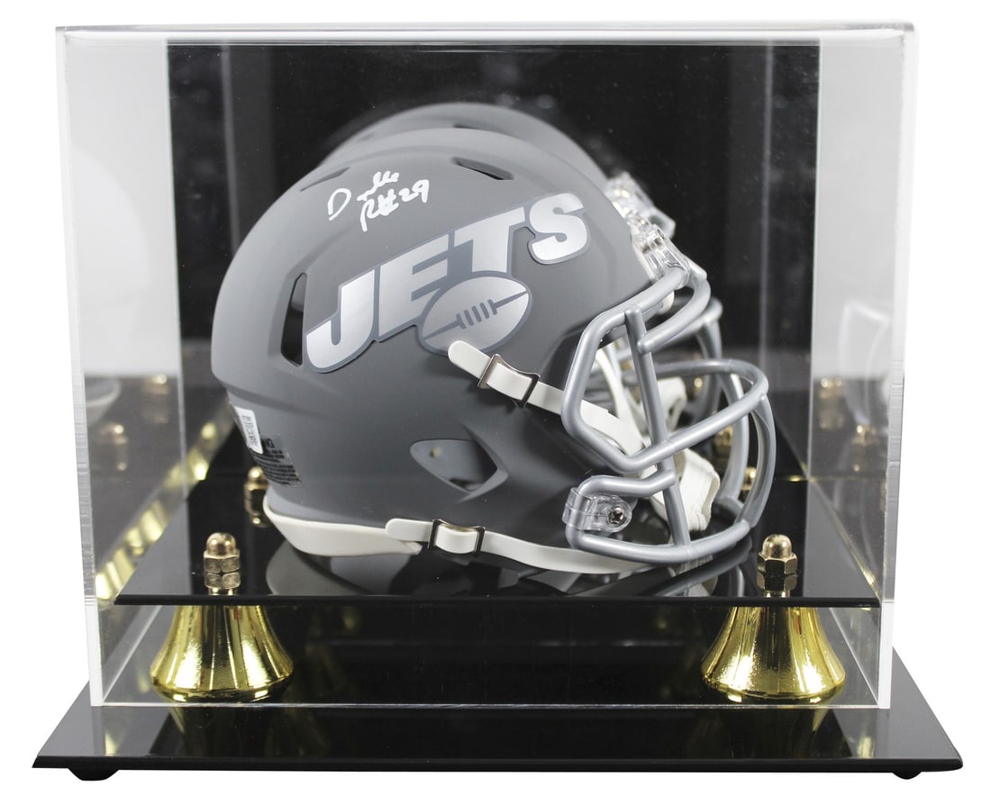 Darrelle Revis Autographed Jets Slate Mini Helmet With Display Case Beckett BAS: Darrelle Revis Autographed Jets Slate Mini Helmet With Display Case Beckett BAS This is a New York Jets alternate slate Speed mini helmet personally signed by Darrelle Revis. The helmet comes with an 