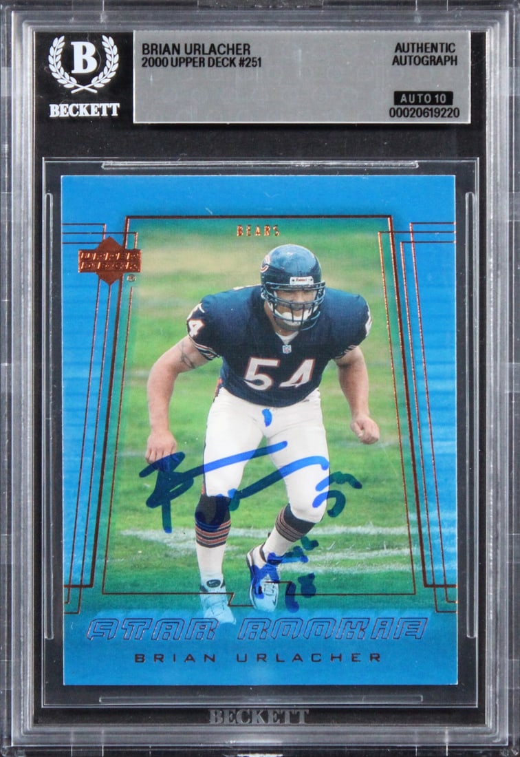 Brian Urlacher autographed 2000 Upper Deck 251 rookie card Beckett authenticated: Brian Urlacher autographed 2000 Upper Deck 251 rookie card Beckett authenticated Original 2000 Upper Deck #251 rookie card signed by Brian Urlacher and inscribed "HOF 18." The autograph is graded Gem 