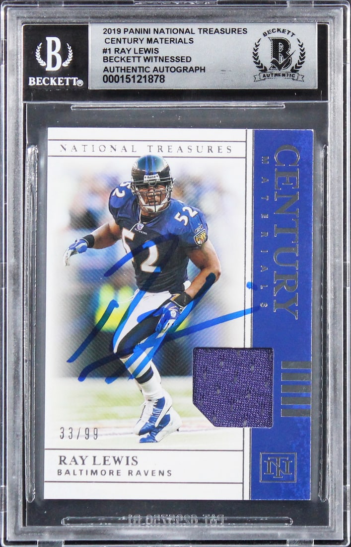 Ray Lewis Autographed 2019 National Treasures Card #1 33/99 BAS Gem Mint 10: Ray Lewis Autographed 2019 National Treasures Card #1 33/99 BAS Gem Mint 10 This 2019 Panini National Treasures Century Materials #1 card, numbered 33/99, is a stunning collectible for any football fa