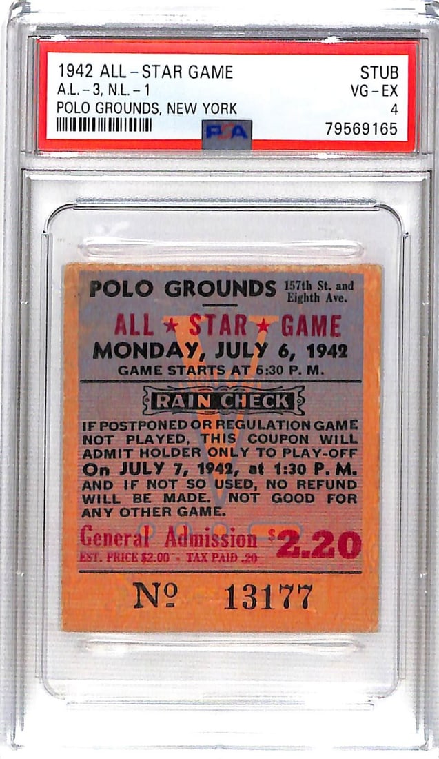 1942 MLB All-Star Game Ticket PSA 4 Polo Grounds Original: 1942 MLB All-Star Game Ticket PSA 4 Polo Grounds Original This original 1942 MLB All-Star Game baseball ticket is a collectible piece of sports history. Graded PSA 4, it reflects its vintage condition