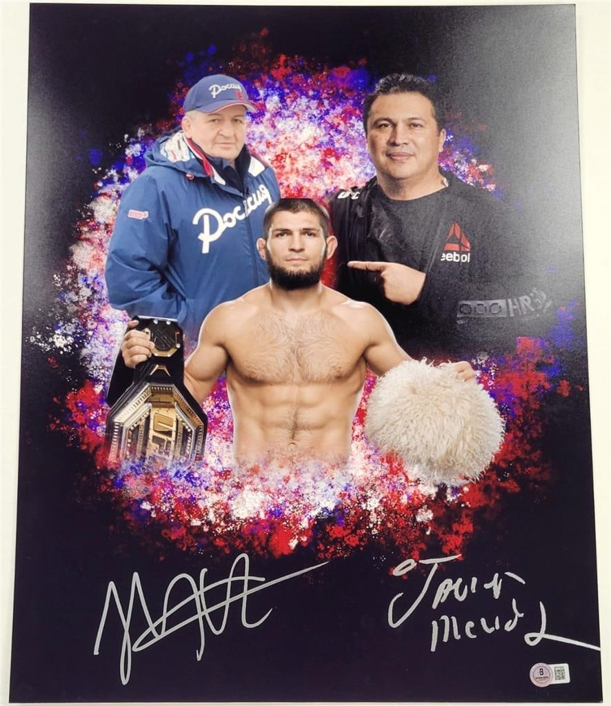 Khabib Nurmagomedov Javier Mendez Signed 16x20 Photo UFC Beckett BAS: Khabib Nurmagomedov Javier Mendez Signed 16x20 Photo UFC Beckett BAS This is an original signed 16x20 photo featuring Khabib Nurmagomedov and Javier Mendez, perfect for any Mixed Martial Arts (MMA) en