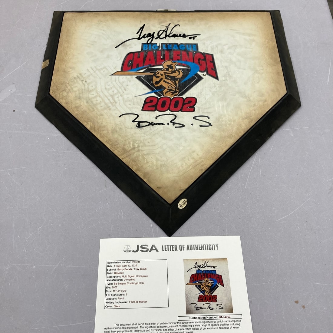 2002 All Star Game Big League Challenge Home Plate Signed by Bonds and Glaus JSA: 2002 All Star Game Big League Challenge Home Plate Signed by Bonds and Glaus JSA Original 2002 All Star Game Big League Challenge home plate signed by Barry Bonds. This pre-owned baseball collectible 