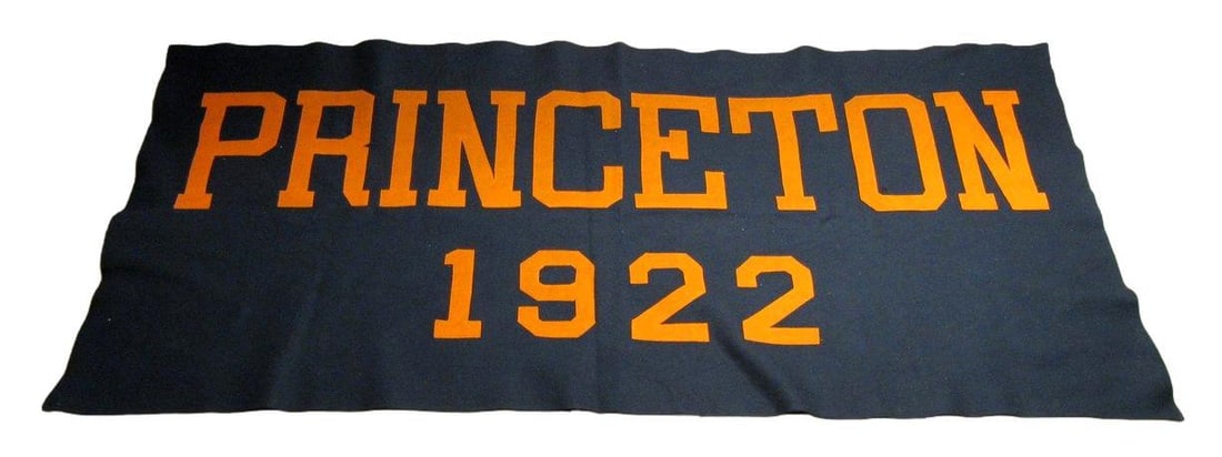 1922 Princeton Football Banner 66x31 Black Orange Signed Earle Bruce: 1922 Princeton Football Banner 66x31 Black Orange Signed Earle Bruce Celebrate vintage sports history with this original 1922 Princeton football felt banner, measuring 66x31 inches in striking black a