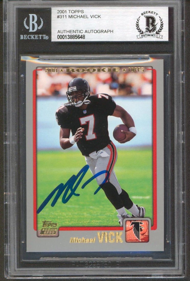 Michael Vick Signed 2001 Topps 311 Rookie Card Beckett BAS Slabbed: Michael Vick Signed 2001 Topps 311 Rookie Card Beckett BAS Slabbed Authentic signed 2001 Topps #311 rookie card personally autographed by Michael Vick of the Atlanta Falcons. The card is BAS slabbed, 