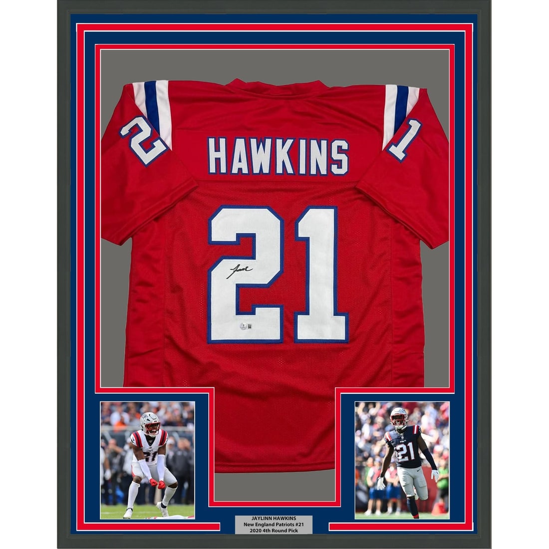 35x39 Framed Jaylinn Hawkins Signed Patriots Red Jersey Beckett COA (1 of 2)