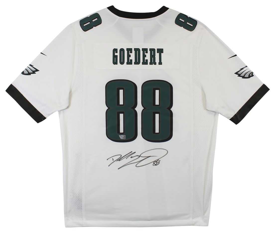 Dallas Goedert signed Nike game jersey white Eagles Fanatics authentic: Dallas Goedert signed Nike game jersey white Eagles Fanatics authentic Authentic signed white Nike game jersey personally autographed by Dallas Goedert of the Philadelphia Eagles. This original jersey